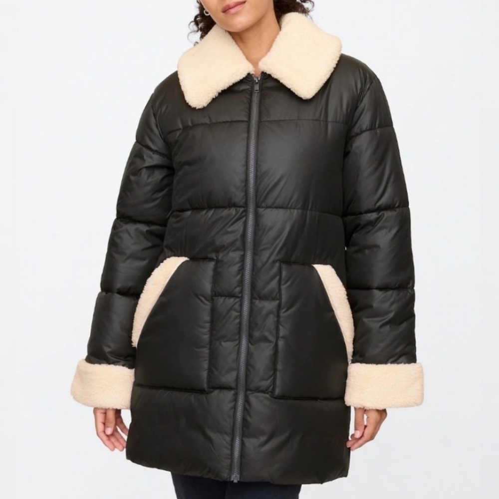 GAP Relaxed Cold Control Long Sherpa Trim Puffer Coat Black M